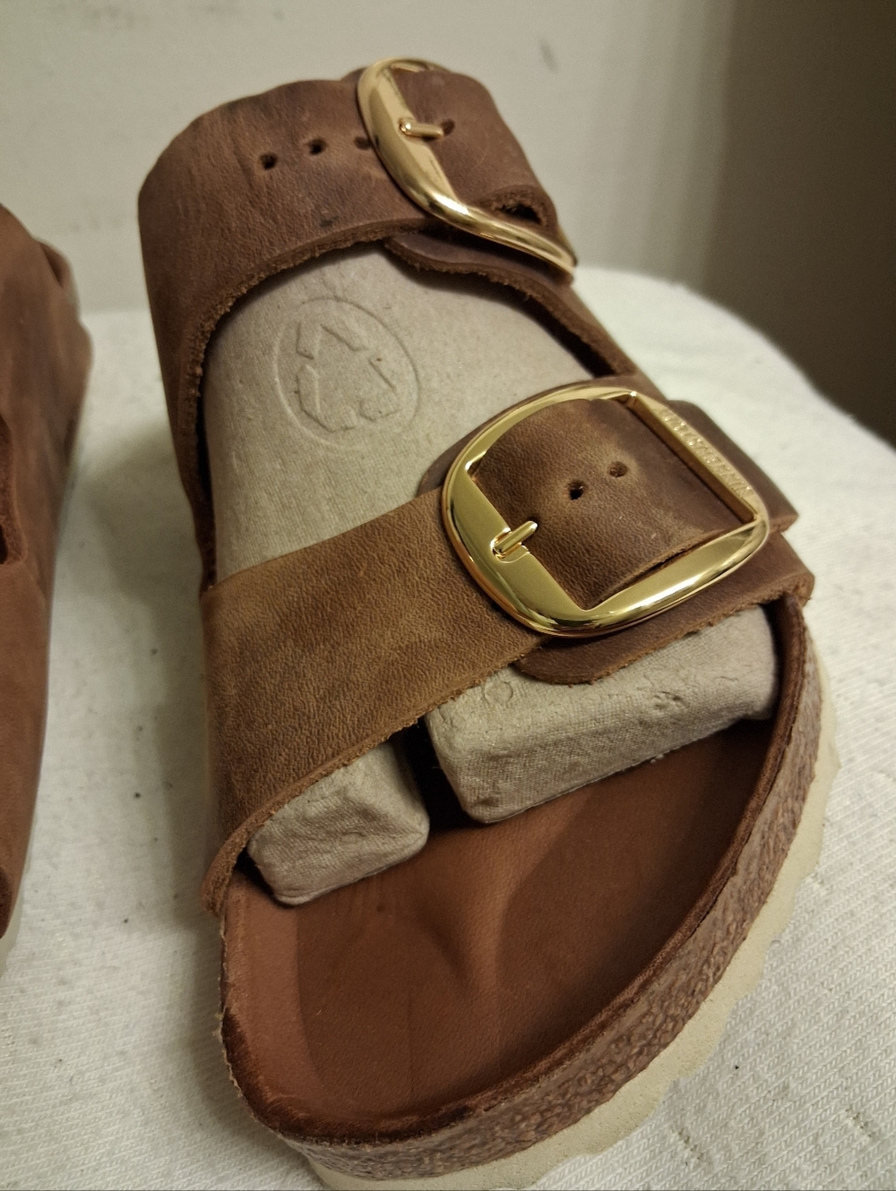 Unisex Double Gold Buckle Brown Leather Slide Sandals 39 250 L8 M6 German Made - Picture 4 of 16